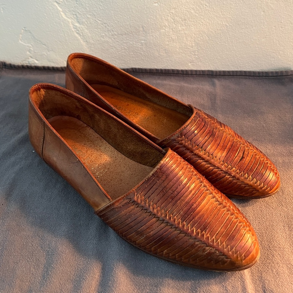 Vintage David & Joan hurache woven leather loafers brown tan